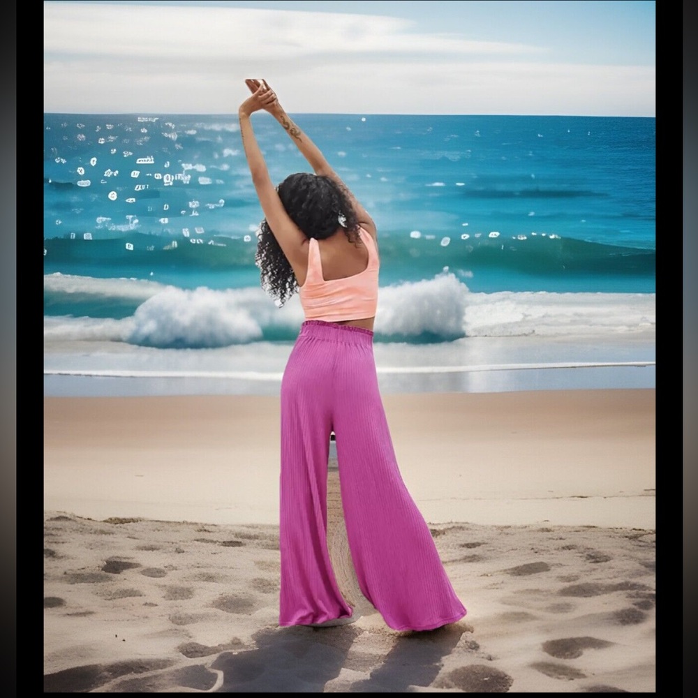 Free People Movement Blissed Out Pant Long Wide Leg Stretch Ribbed Brown - Picture 17 of 17